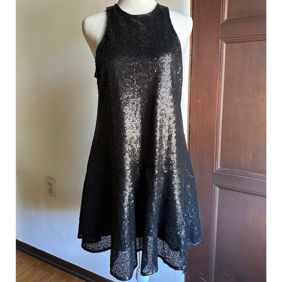 FREE PEOPLE Liquid Shine Black Sequin High Neck Cocktail mini dress Extra Small - Picture 2 of 8